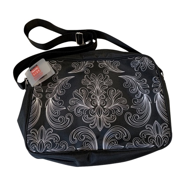 Torre & Tagus NWT Black Baroque Graphic Print Travel Shoulder Bag Laptop Tablet - Picture 1 of 5